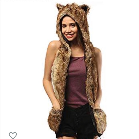 Accessories - Unisex Faux fur animal hoodie w/paws scarf